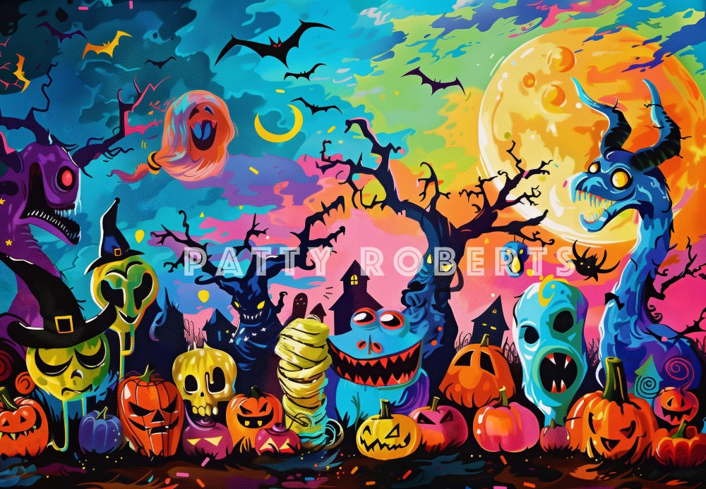 Kate Halloween Cartoon Colorful Monsters Backdrop Designed by Patty Robert