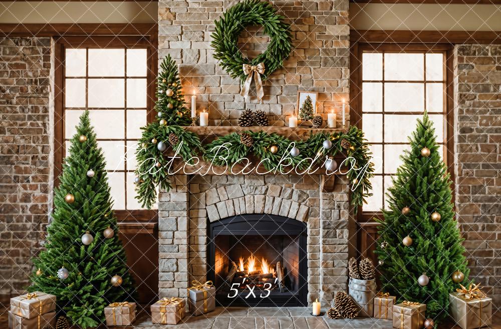 Kate Christmas Fireplace Tree Brick Backdrop Designed by Emetselch