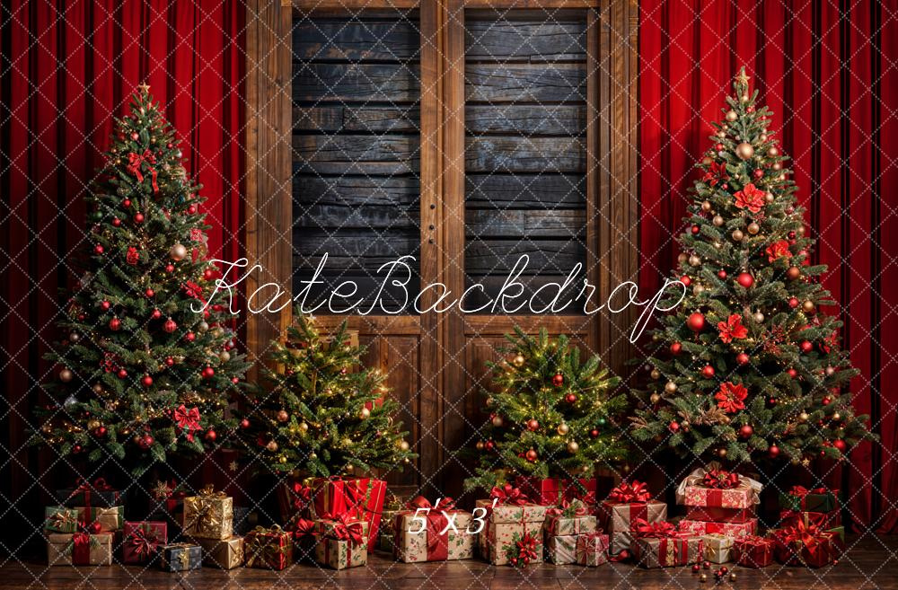 Kate Christmas Tree Red Curtain Gray Wooden Wall Backdrop Designed by Emetselch