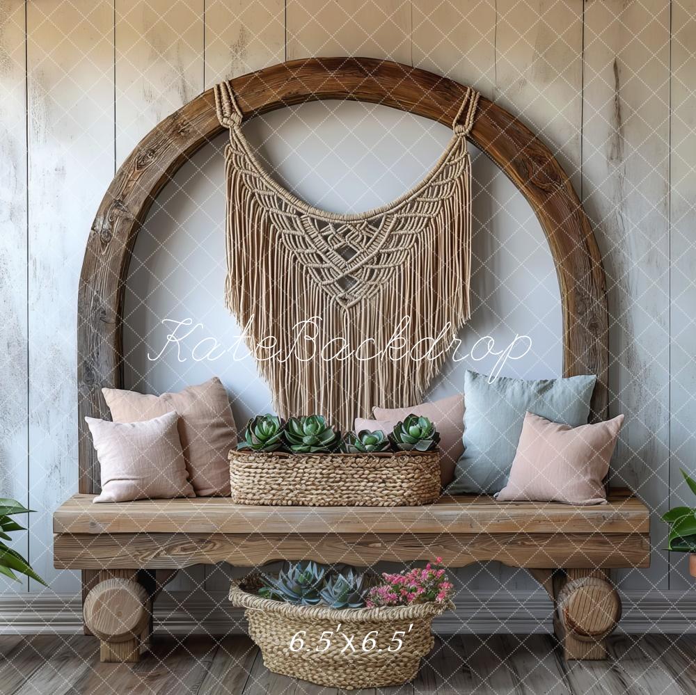 Boho Macrame Wood Bench Foto Achtergrond Designed by Mini MakeBelieve