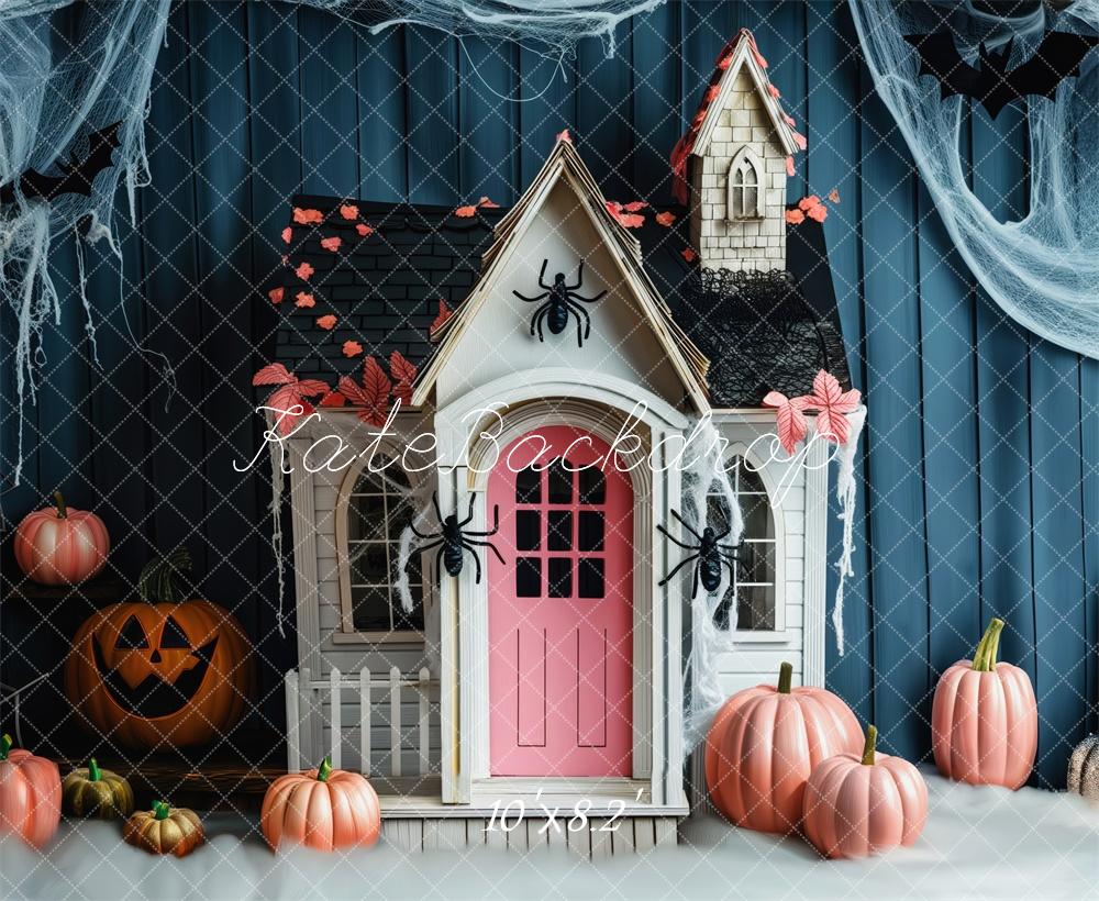 Kate Halloween Blue Curtains Pink Haunted House With Spiders Backdrop Designed by Patty Robert