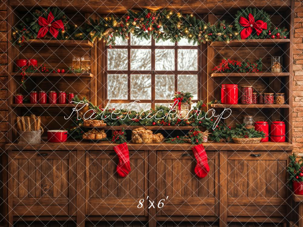 Kate Christmas Kitchen Brown Wooden Cabinets Red Stocking Backdrop Designed by Emetselch