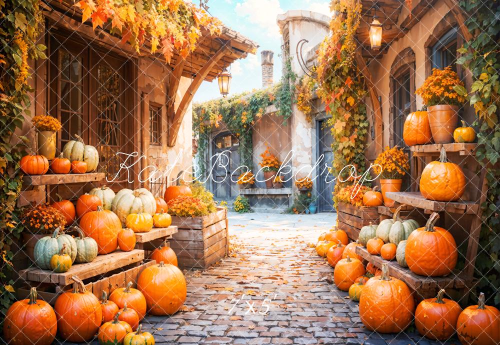 Fondo de calle del pueblo de calabazas soñador de otoño diseñado por Emetselch