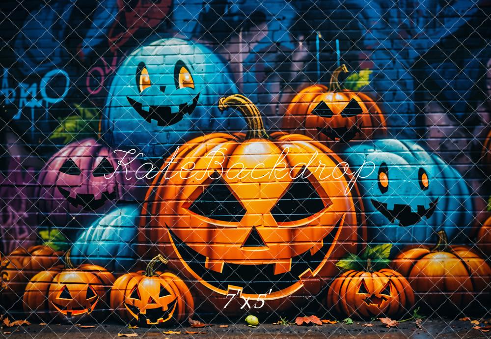 Kate Halloween Evil Pumpkin Graffiti Brick Wall Backdrop Designed by GQ