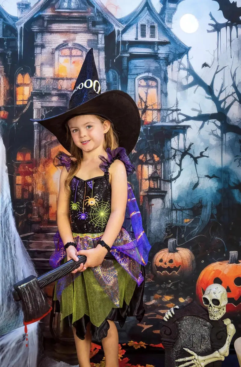 Kate Halloween Spooky Watercolor Mansion Backdrop Designed by Happy Squirrel Design