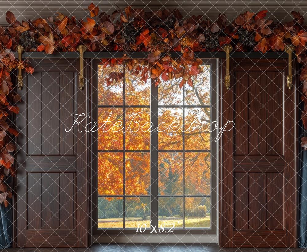 Kate Fall Window Leaves Garland Brown Barn Doors Backdrop Designed by Mini MakeBelieve