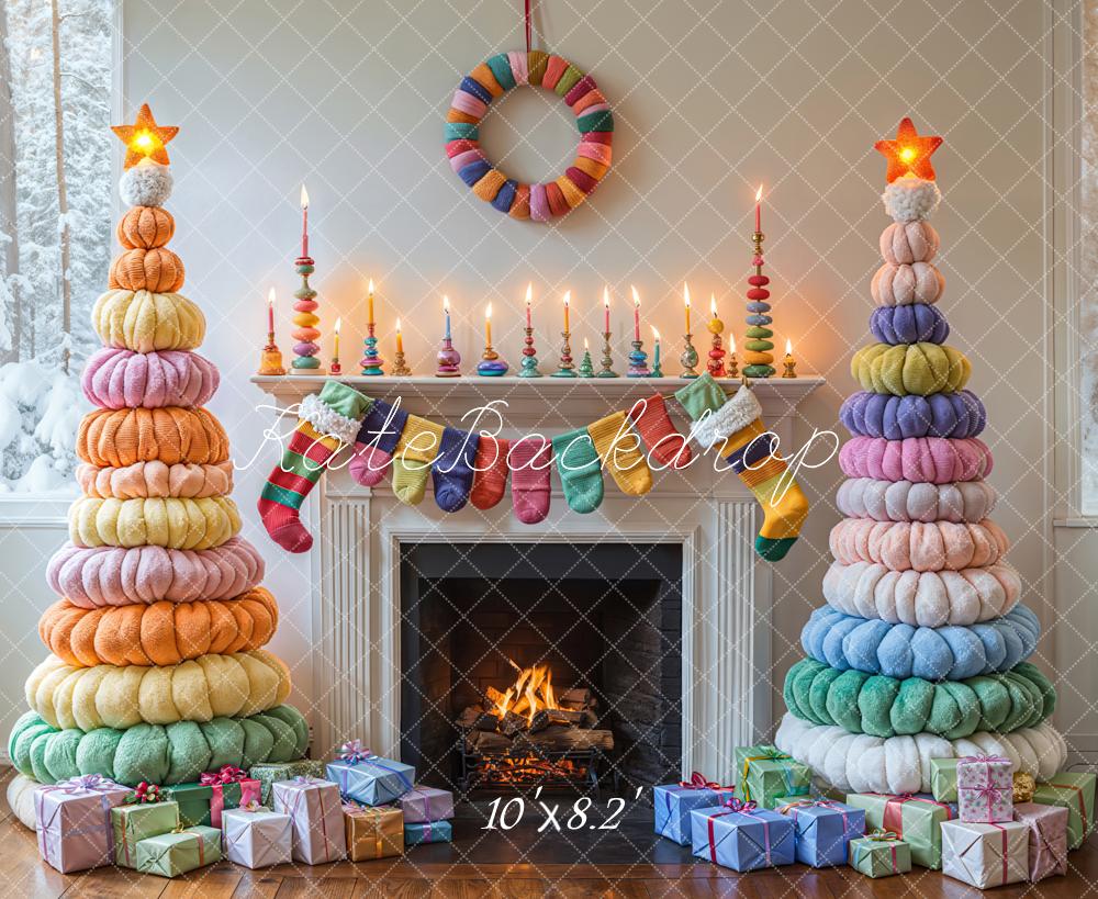 Kate Christmas Colorful Trees Fireplace Backdrop Designed by Emetselch