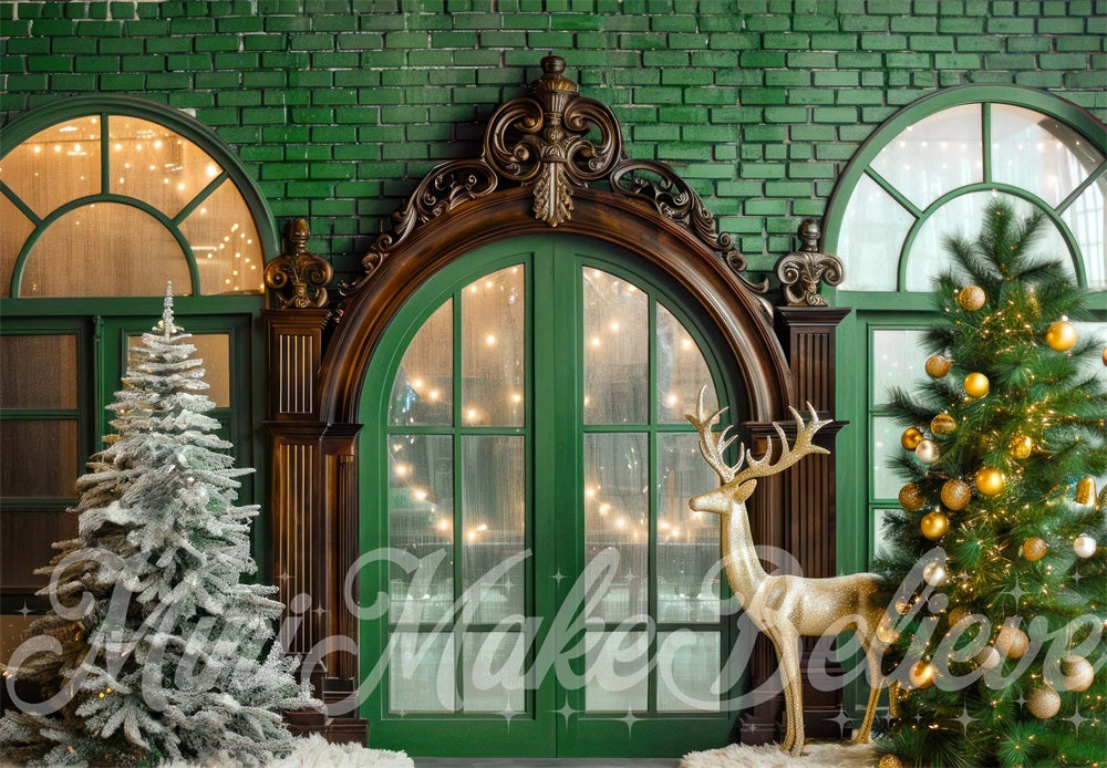 Kerst Golden Deer Retro Boog Raam Groene Bakstenen Wand Foto Achtergrond Designed by Mini MakeBelieve