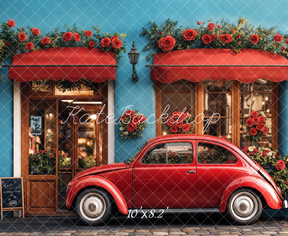 Kate Valentine Vintage Car Roses Cafe Shop Backdrop Designed by Emetselch