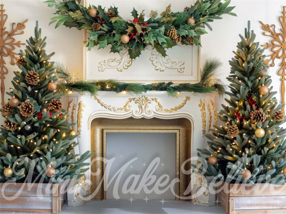 Kate Christmas Tree Golden Vintage Floral White Fireplace Backdrop Designed by Mini MakeBelieve