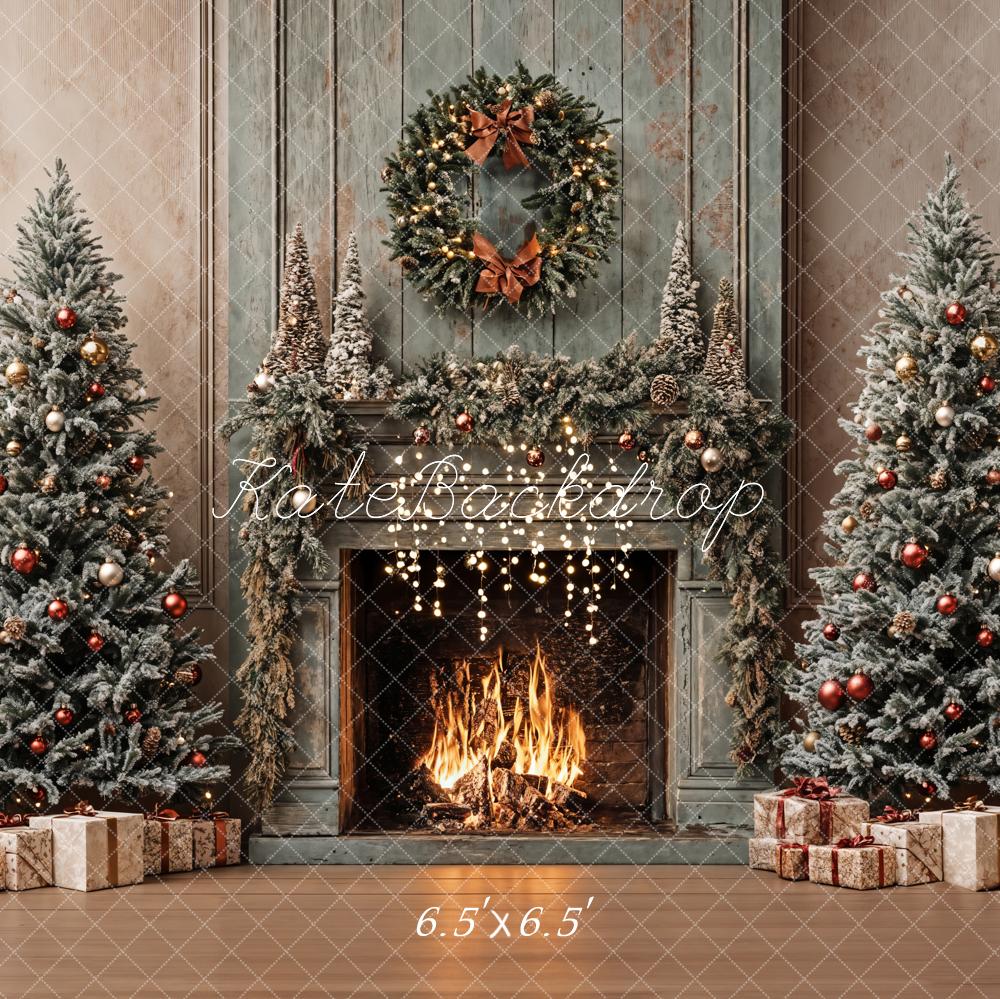 Kate Christmas Tree Vintage Fireplace Khaki Walls Backdrop Designed by Emetselch