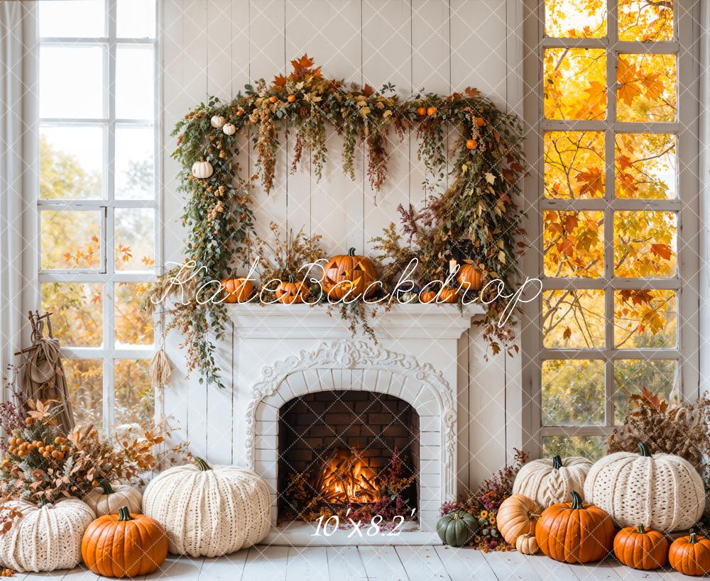 Kate Halloween Fall White Fireplace Maple Leaves Backdrop Designed by Emetselch