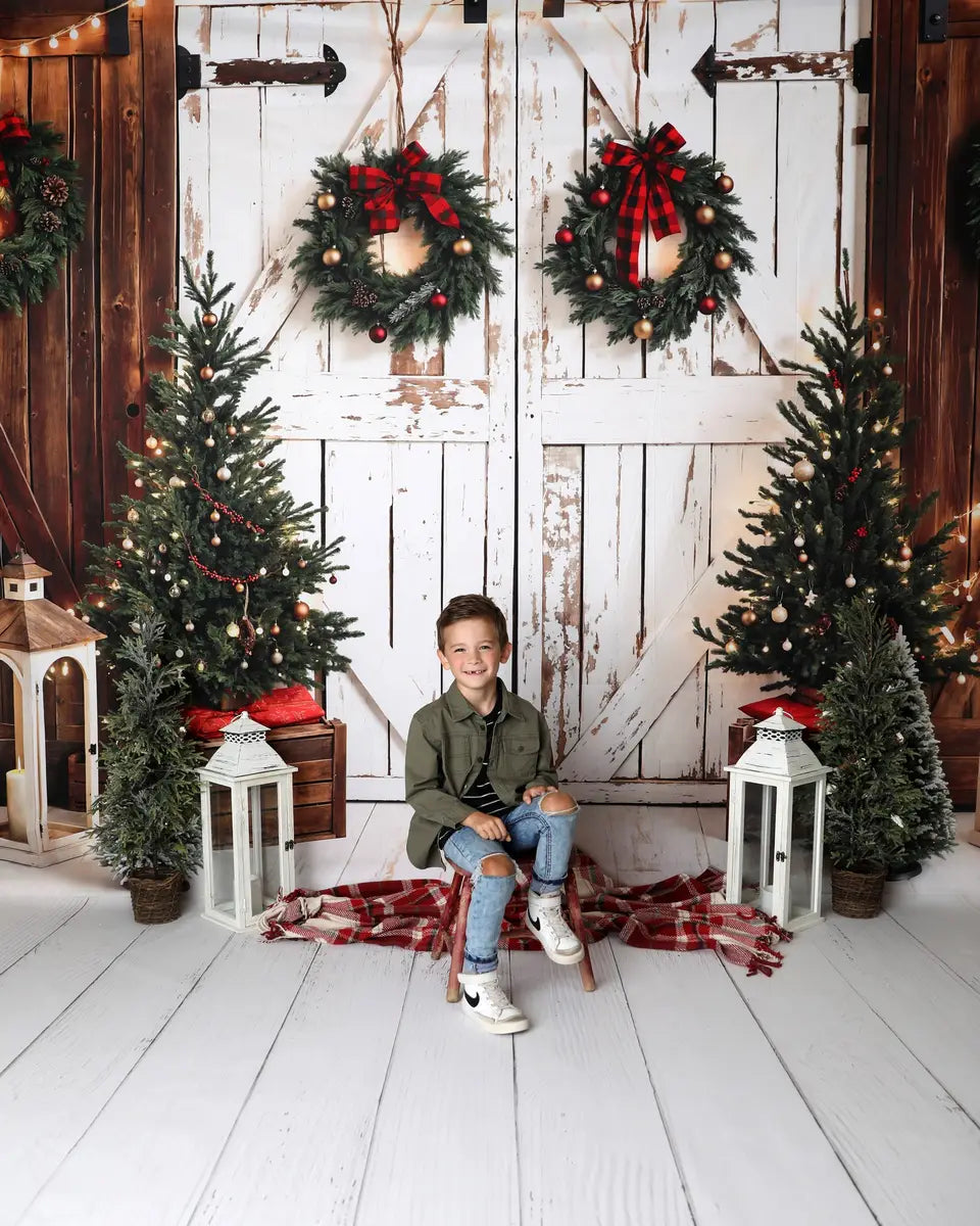 Kate Christmas Tree White Wooden Barn Door Brown Wall Backdrop Designed by Emetselch