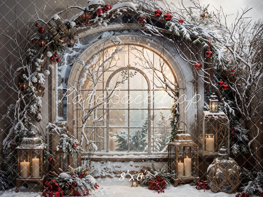 Kate Winter Christmas White Snow Arched Window Backdrop Designed by Emetselch