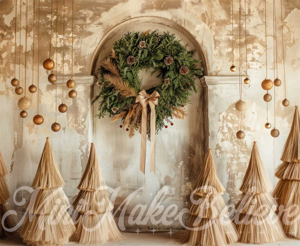 Kate Christmas Wreath Boho Vintage Beige Arched Wall Backdrop Designed by Mini MakeBelieve