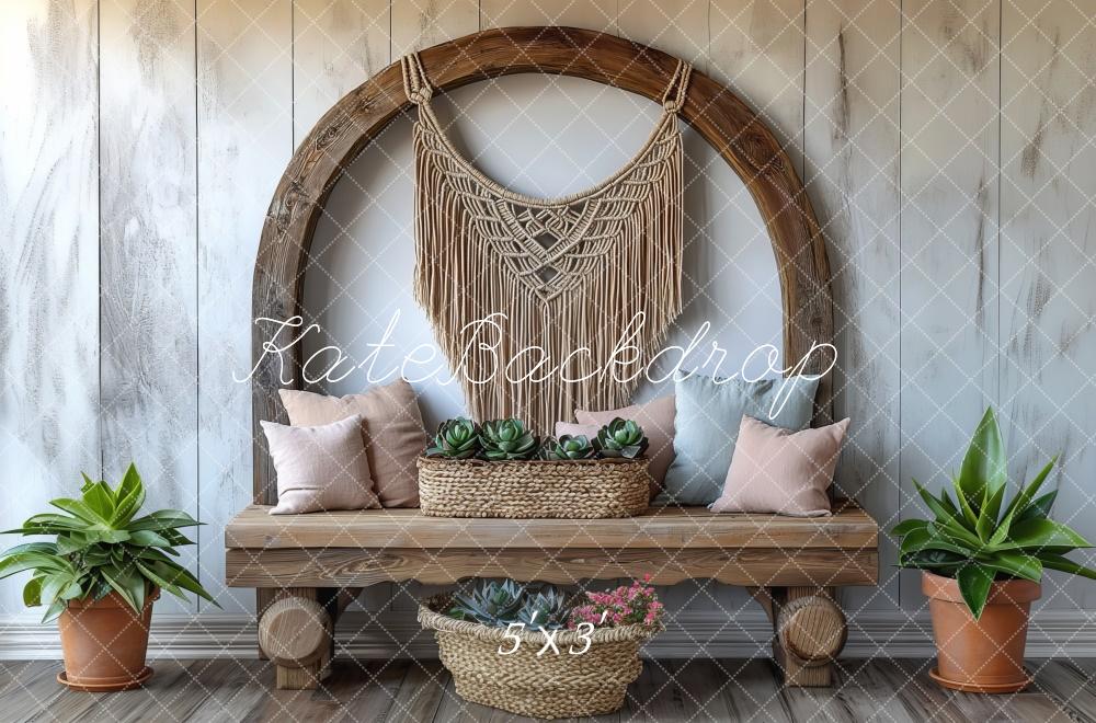 Boho Macrame Wood Bench Foto Achtergrond Designed by Mini MakeBelieve