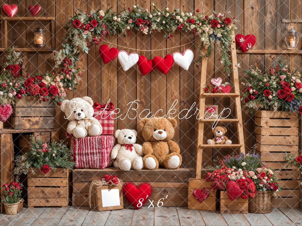 Kate Valentine's Day Teddy Bear Floral Wood Backdrop Designed by Emetselch