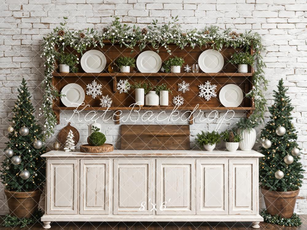 Kate Christmas White Retro Kitchen Brick Wall Backdrop Designed by Emetselch