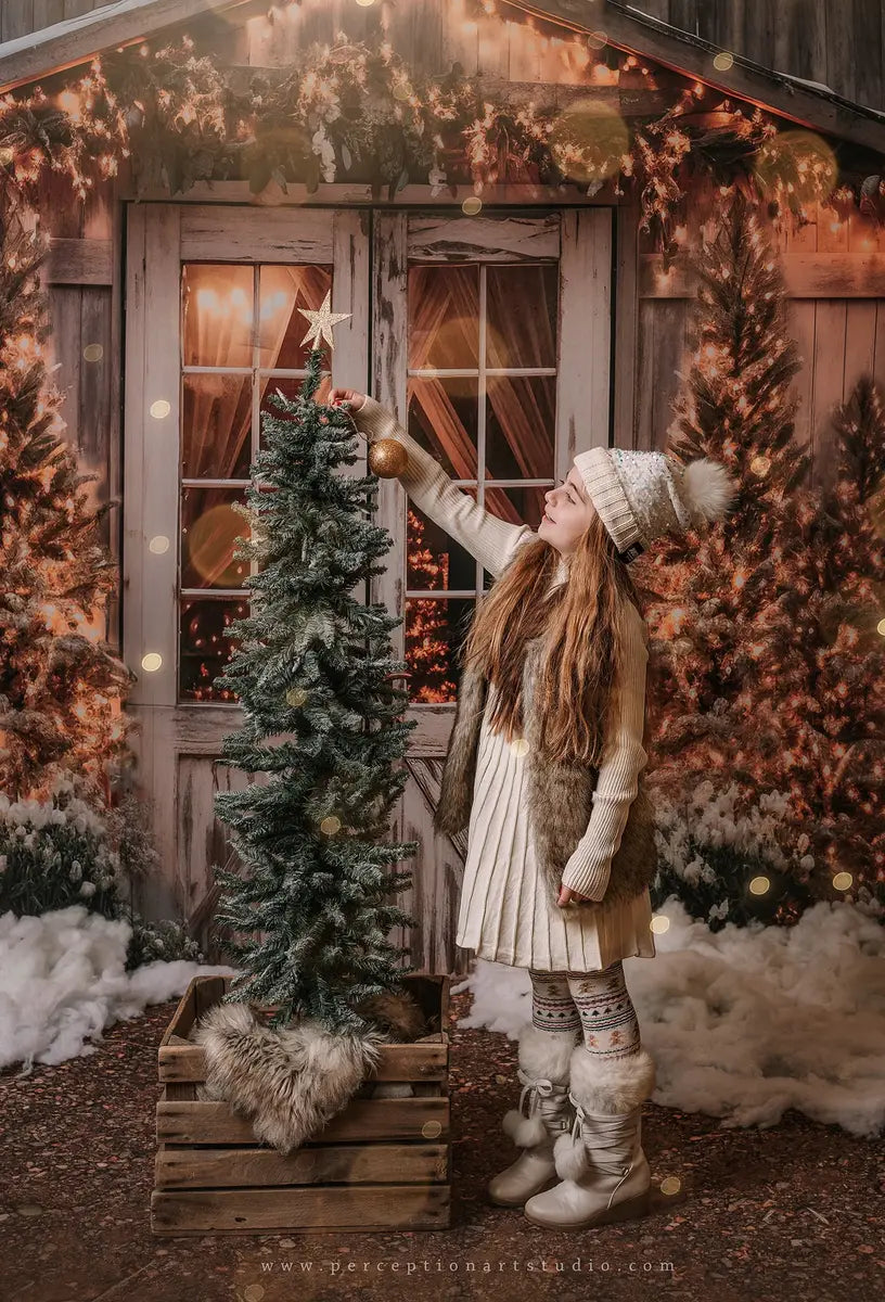 Kate Christmas Barn with Lights and Christmas Tree Fleece Backdrop Designed by Emetselch