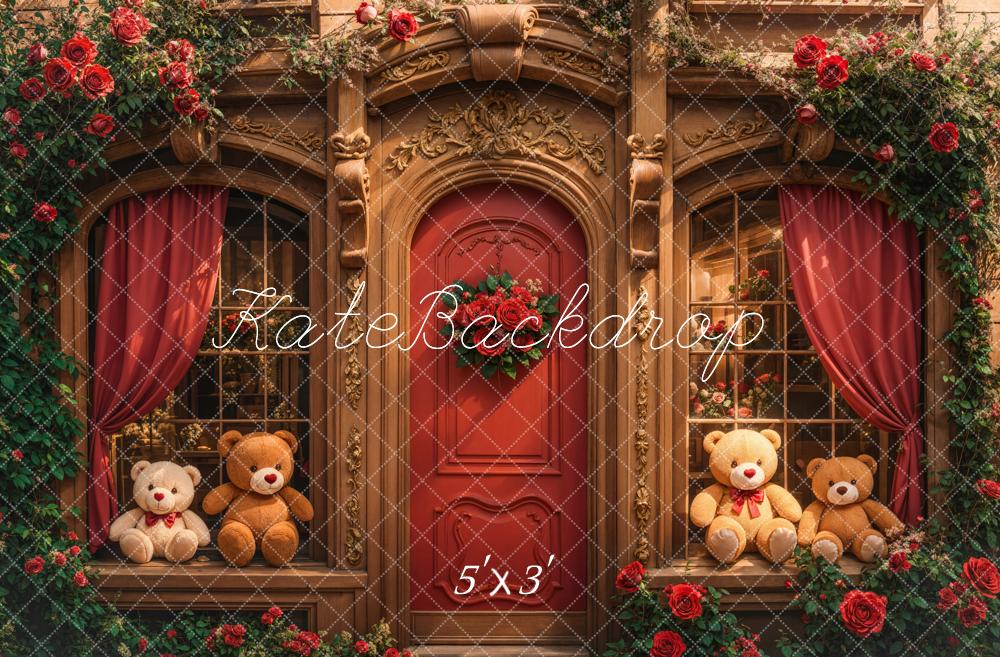 Retro Arch Wooden Teddy Bear Roses Door Foto Achtergrond Designed by Emetselch