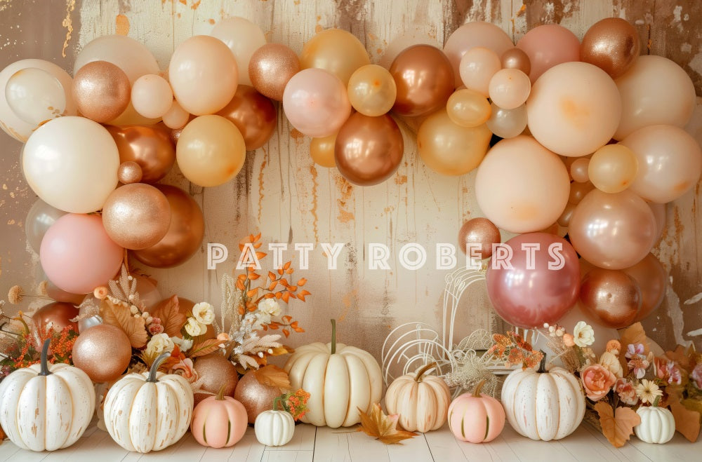 Cake Smash Boho Fall Balloon Arch Pumpkins Backdrop Designed by Patty Robert