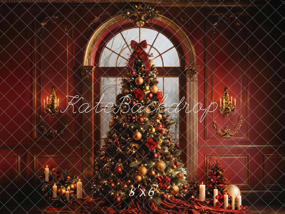 Kate Winter Christmas Tree Arched Window Red Retro Wall Backdrop Designed by Emetselch