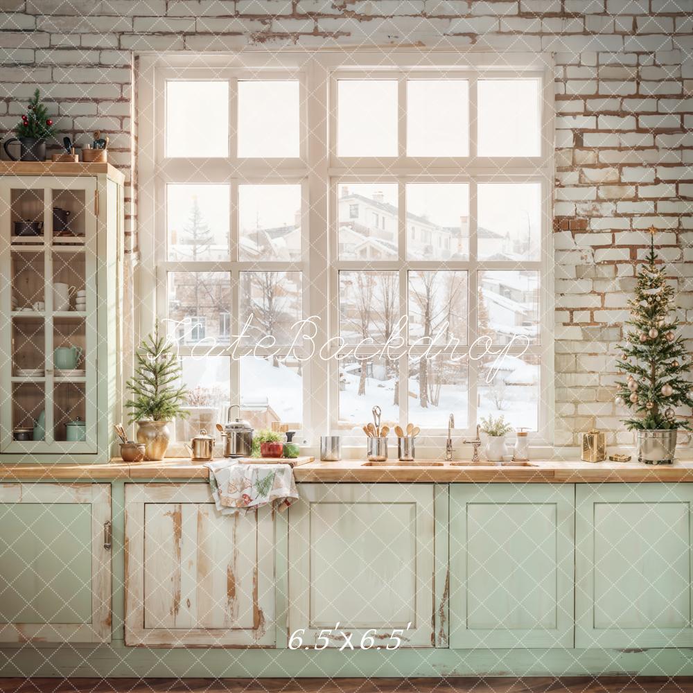 Kate Christmas Kitchen Light Blue Cabinet Window Backdrop Designed by Emetselch