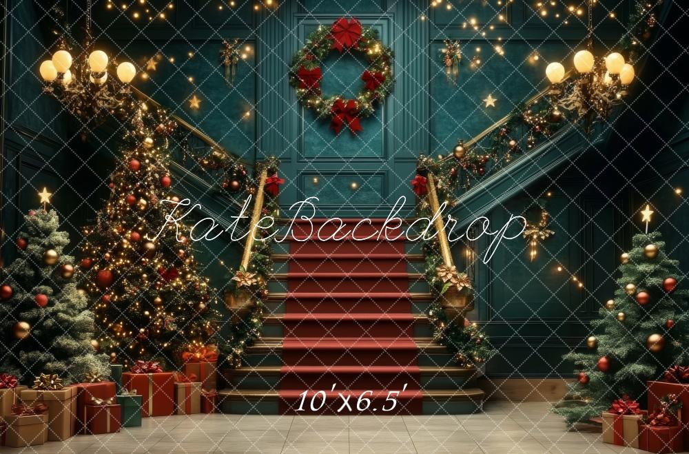 Kate Christmas Tree Cascading Stairs Retro Blue Backdrop Designed by Lidia Redekopp