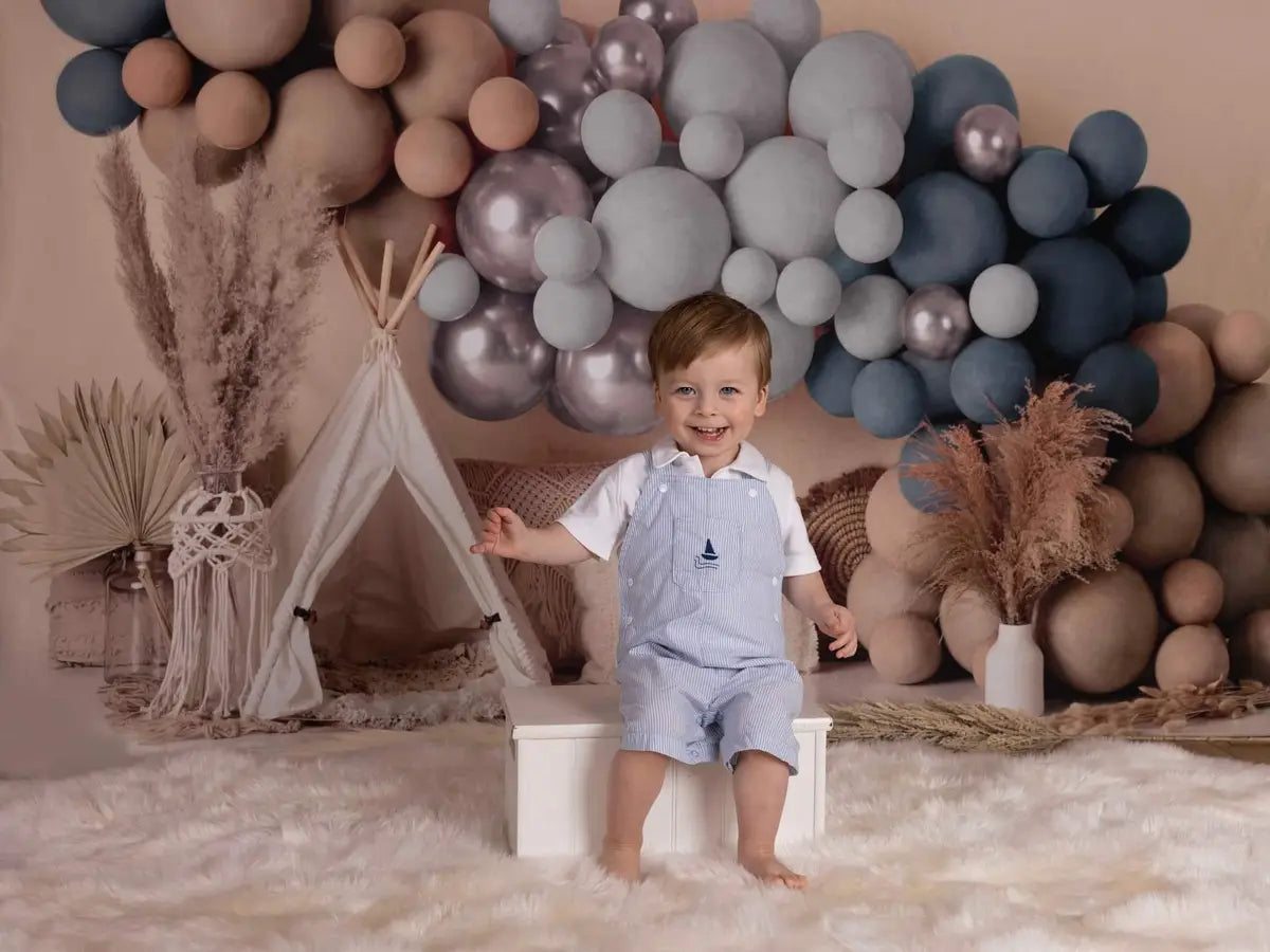 7x5ft Boho Balloons Tent Backdrop Matte Blue Ontworpen door Mandy Ringe Fotografie (alleen verzending naar Canada)