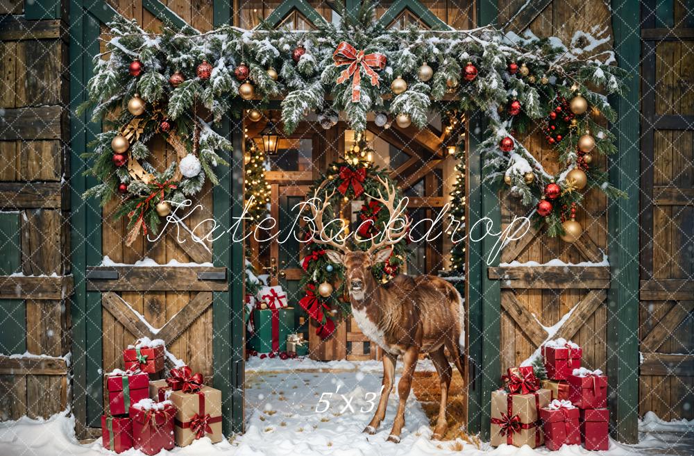 Kate Christmas Elk Brown Wooden Barn Backdrop Designed by Emetselch