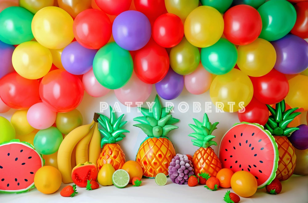 Fondo de arcos de globos coloridos de verano con frutas diseñado por Patty Robert