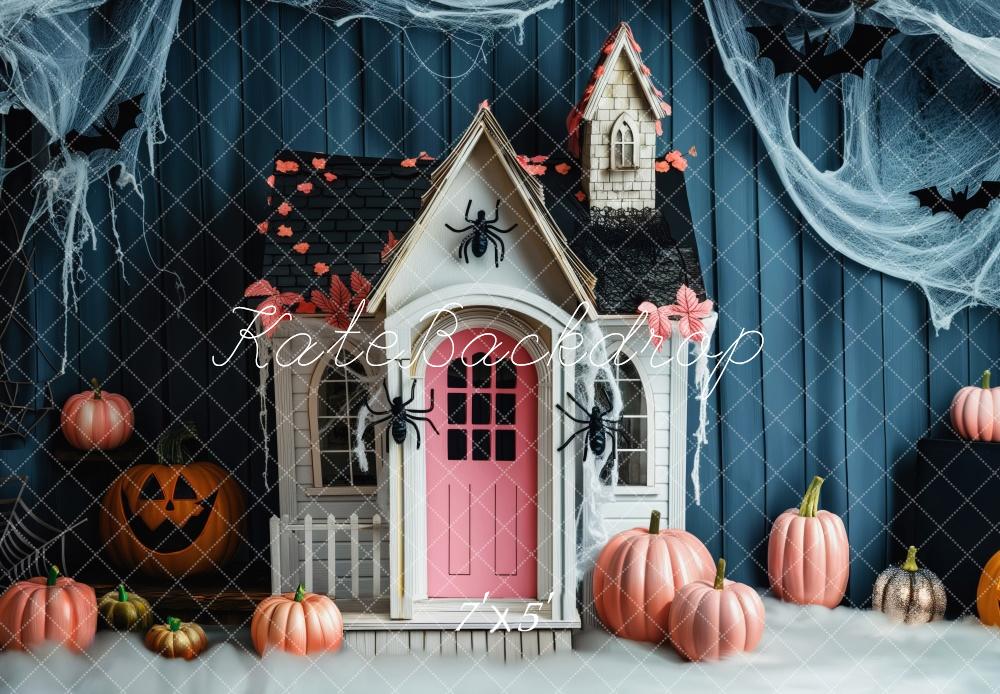 Kate Halloween Blue Curtains Pink Haunted House With Spiders Backdrop Designed by Patty Robert