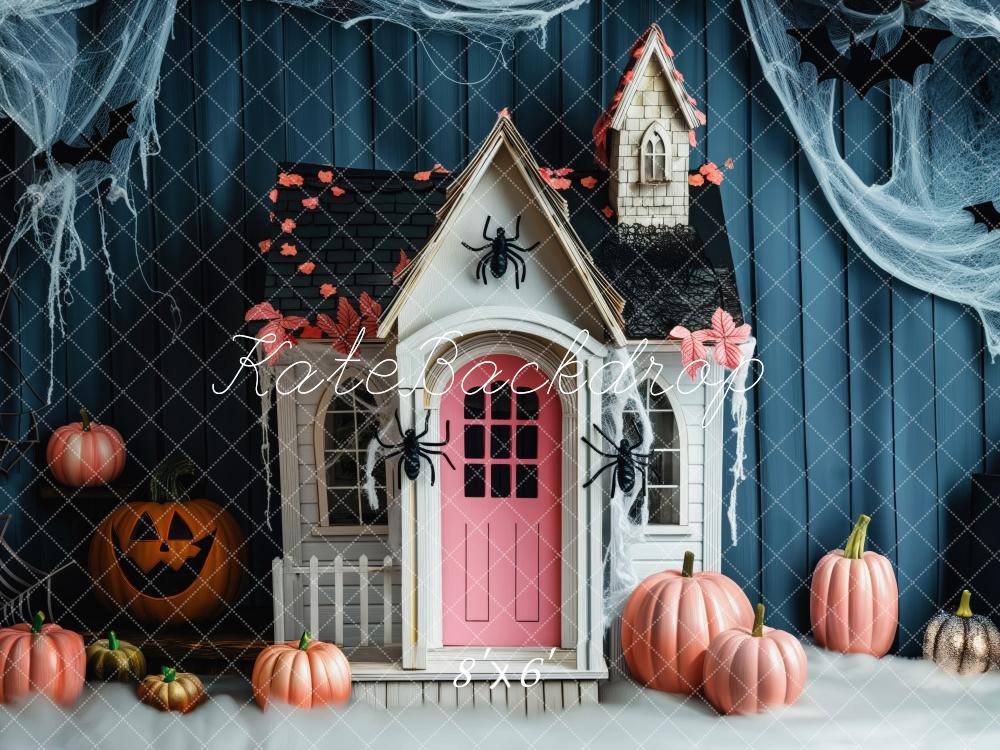 Kate Halloween Blue Curtains Pink Haunted House With Spiders Backdrop Designed by Patty Robert