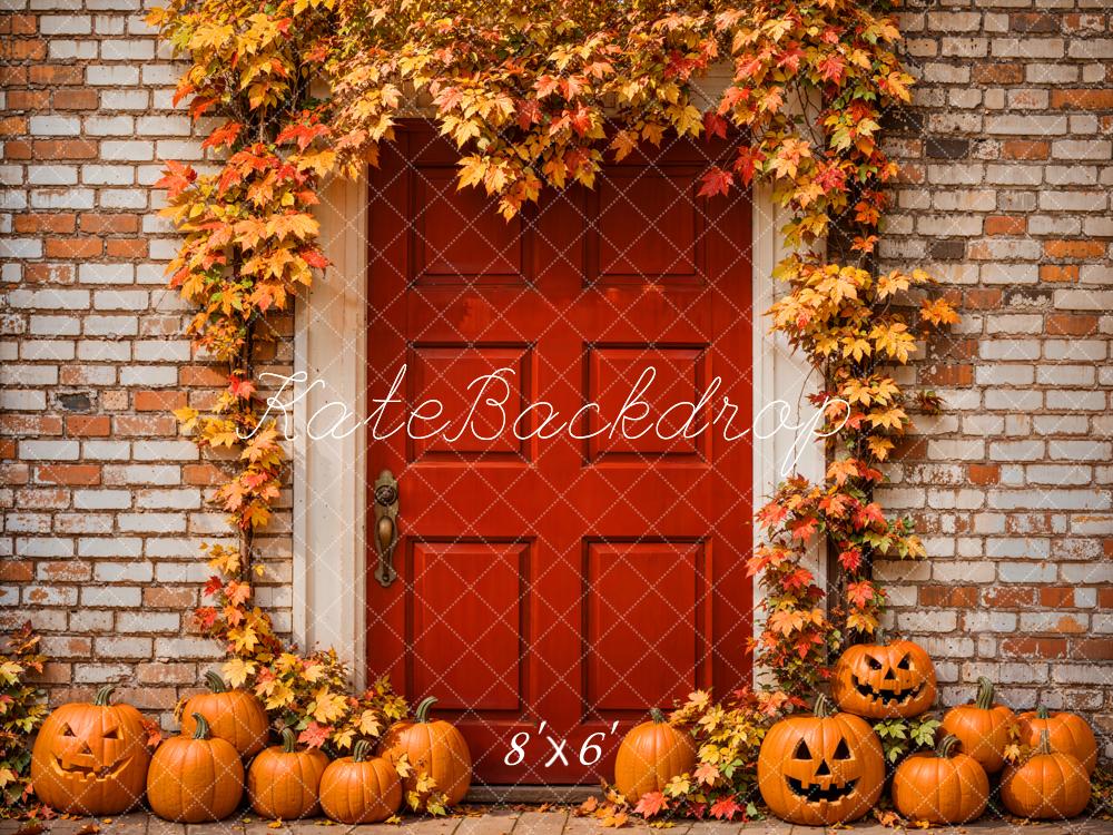 Kate Autumn Halloween Maple Leaves Red Door Brick Wall Backdrop Designed by Emetselch