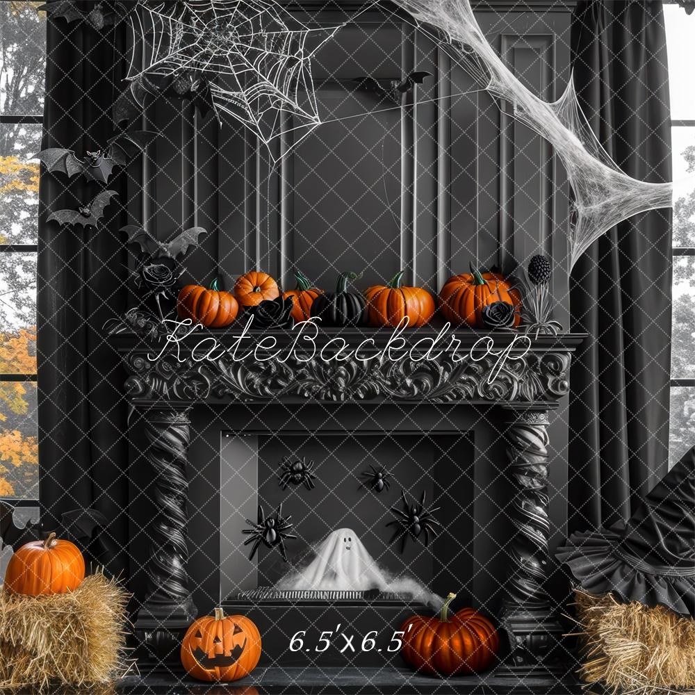 Kate Halloween Pumpkins Fireplace Cobwebs With Black Wall Backdrop Designed by Mini MakeBelieve