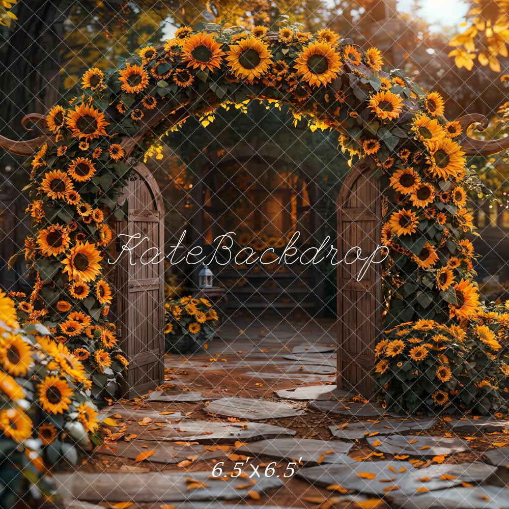 Puerta arqueada marrón con fondo de girasoles amarillos en otoño diseñado por Emetselch