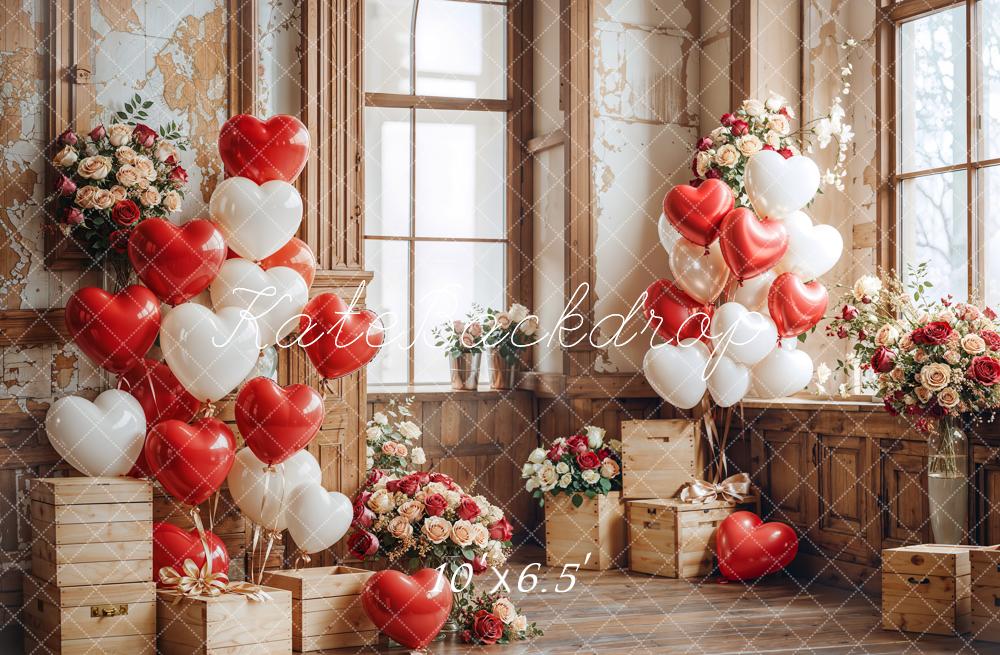 Kate Valentine Heart Balloons Wooden Vintage Backdrop Designed by Emetselch