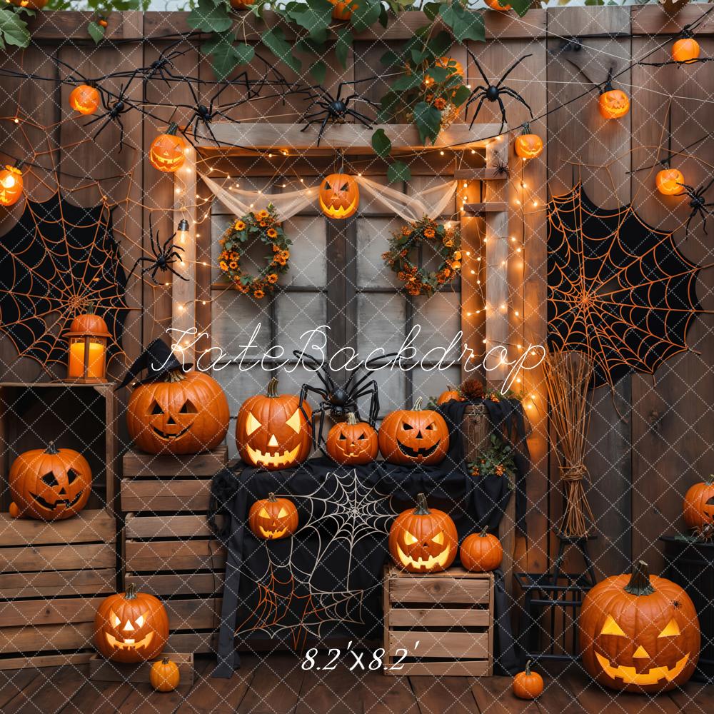 Halloween Houten Muur Pompoen Spinnenweb Foto Achtergrond Designed by Emetselch