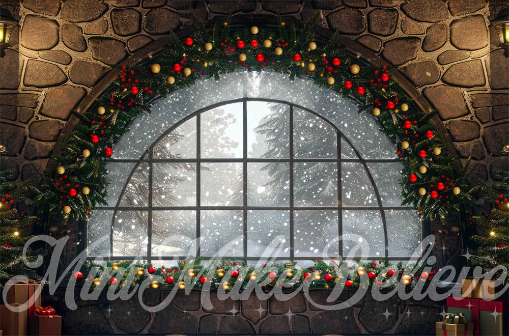 Kate Christmas Decoration Arched Window Stone Wall Backdrop Designed by Mini MakeBelieve