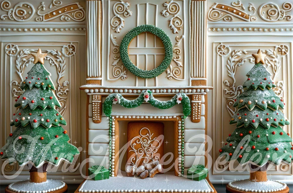Kate Christmas Indoor Colorful Gingerbread Fireplace Backdrop Designed by Mini MakeBelieve