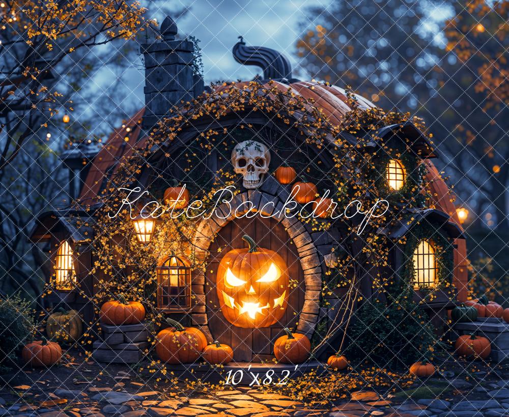 Halloween Donker Bos Magisch Pompoenhuis Foto Achtergrond