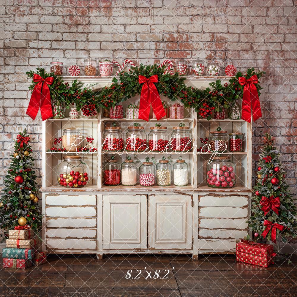 Kate Christmas Kitchen White Cabinets Candy Brick Wall Backdrop Designed by Emetselch