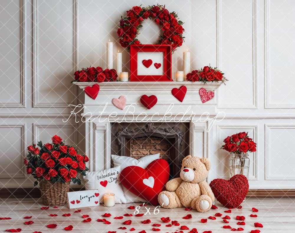 Kate Valentine Fireplace Teddy Bear Roses Backdrop Designed by Emetselch