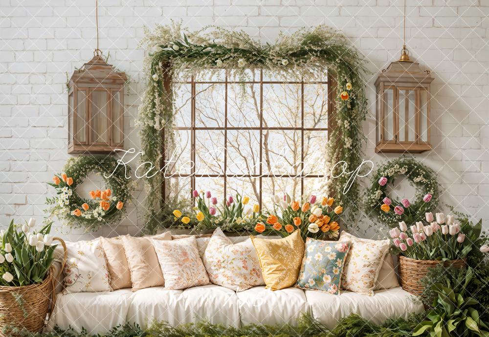 Kate Spring Sofa Pillows Tulip Window Backdrop Designed by Emetselch