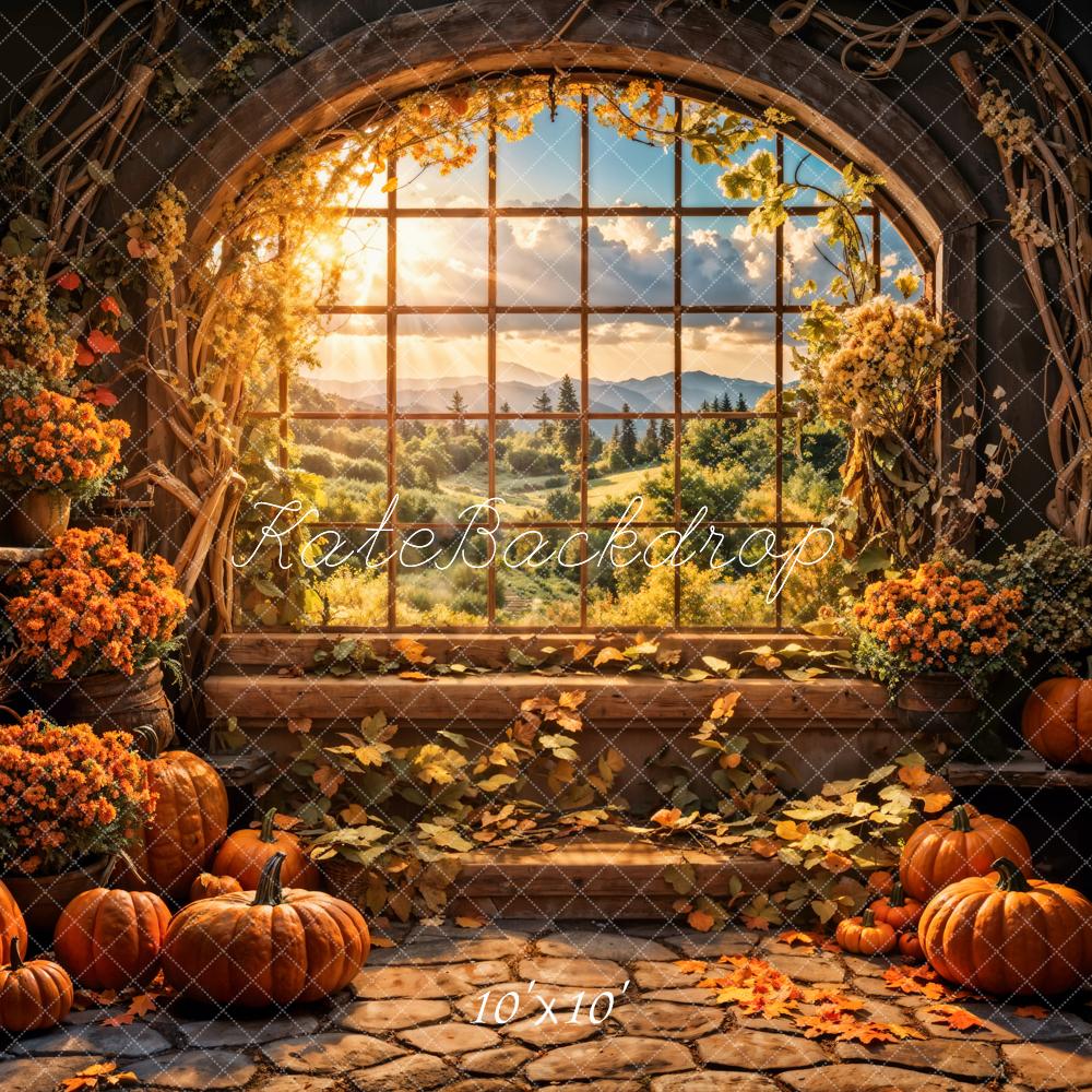 Fall Flower Pumpkin Barn Arch Window Foto Achtergrond Designed by Emetselch