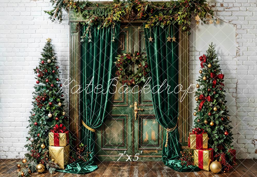 Kate Christmas Tree Green Curtains Vintage Door White Wall Backdrop Designed by Emetselch