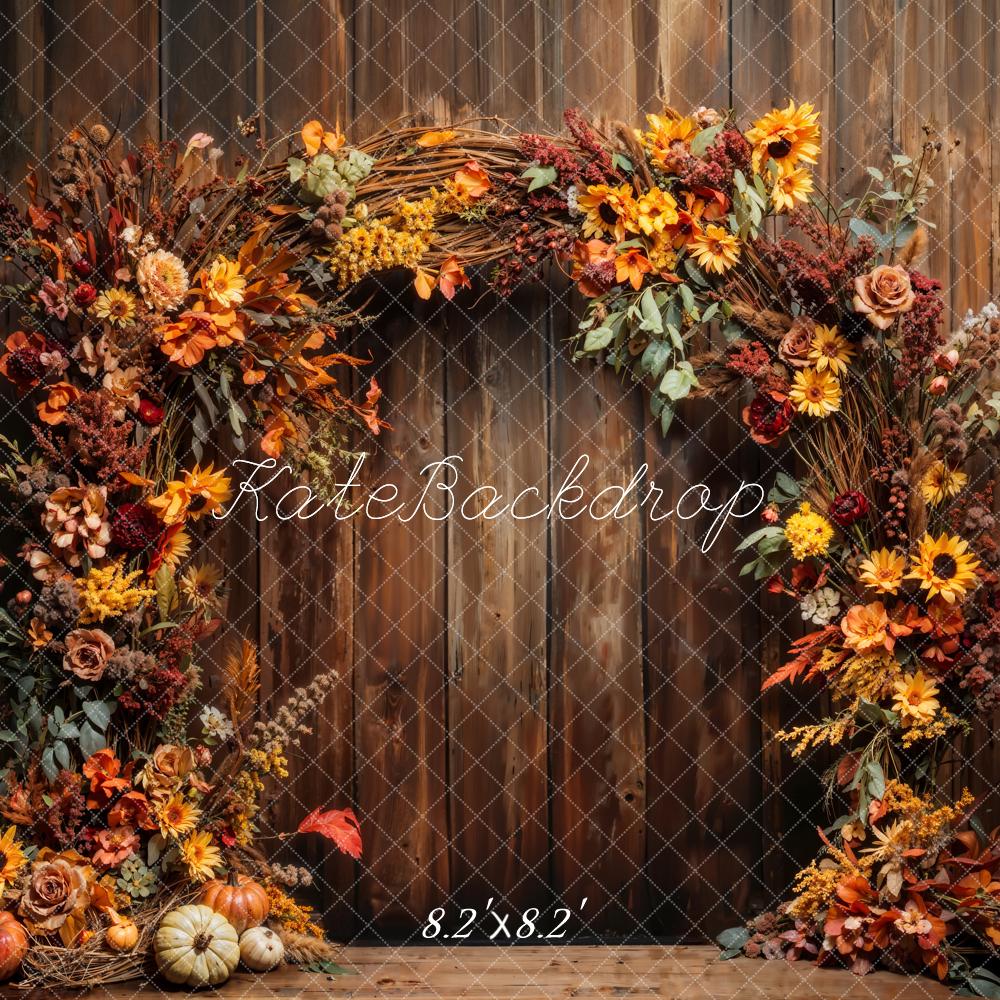 Pumpkin Artístico de Otoño para Pared de Madera con Arco de Flores – Diseñado por Chain Photography