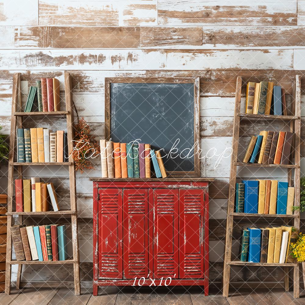 Kate Back to School Bookshelf Red Locker Blackboard Backdrop Designed by Emetselch