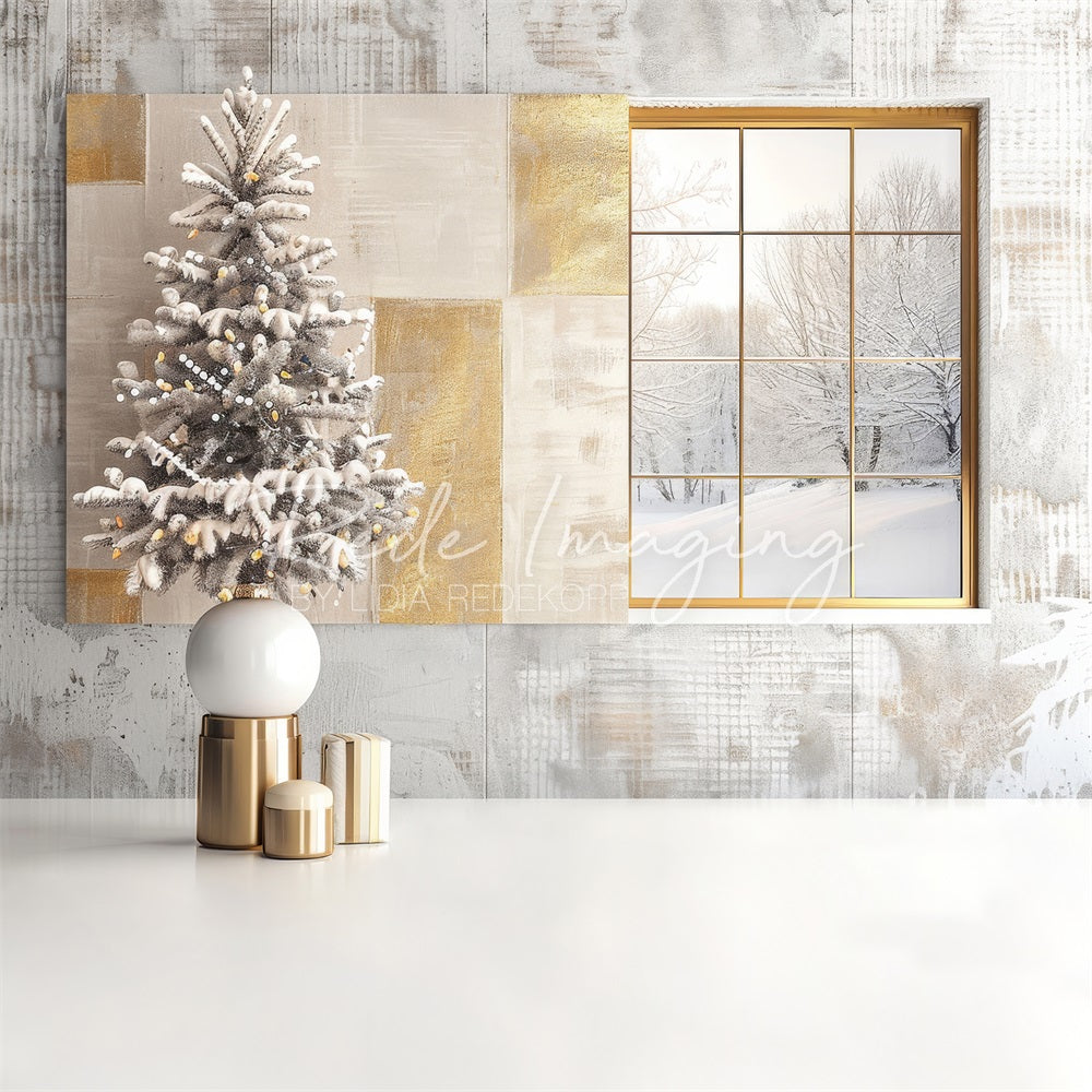 Árbol de Navidad Moderno Blanco y Dorado en la Ventana Fondo a Cuadros en la Pared Diseñado por Lidia Redekopp