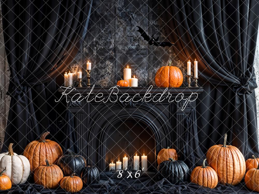 Kate Halloween Black Curtains Retro Fireplace Pumpkin Backdrop Designed by Emetselch